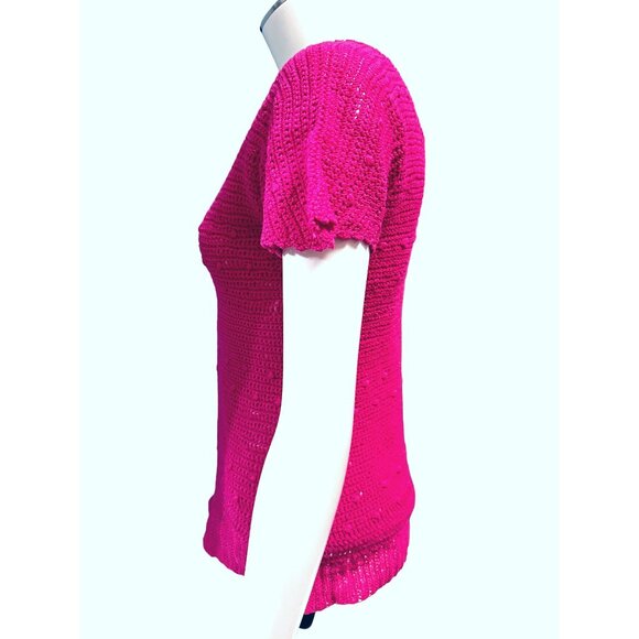 CCC Handmade Fuchsia Pink Crochet Knit Short Sleeve Sweater Size Medium - Picture 2 of 5